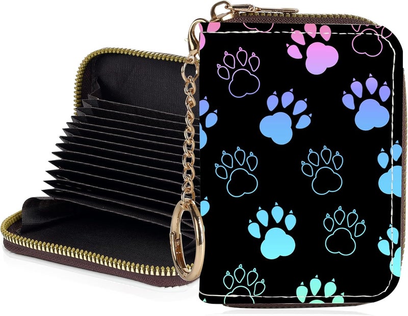Luoycxy Credit Card Holder for Women,Small Rfid Wallet with Keychain Zipper,Cute PU Leather Card Case Wallet，Accordion Credit Card Wallets Gift,Colorful Paw Prints - Image 1